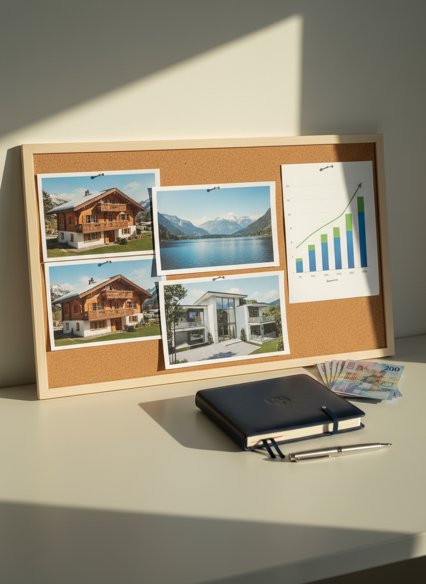 An organized wealth-building vision board laid out on a minimalist white desk, no people present, featuring printouts of Swiss mountain chalets, lakeside apartments, and a simple bar chart trending upward, all neatly pinned to a neutral cork board. Beside it lies a closed dark-blue leather planner embossed with a subtle Swiss cross, a silver fountain pen, and a small stack of neatly arranged Swiss franc notes. Soft afternoon light filters in from the left, casting clean, defined shadows and a warm professional glow. Shot from a slightly elevated angle with balanced composition and photographic realism, the mood is aspirational yet grounded, symbolizing long-term family wealth strategies and the “good life” in Switzerland without feeling flashy or excessive.