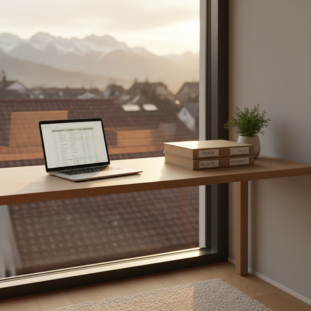 A clean, modern home office corner in a Swiss apartment, viewed without any people, featuring a slim wooden desk against a large window that reveals a soft-focus view of distant Alps and tiled rooftops. On the desk, an open laptop displays a simple household budget spreadsheet, next to a tidy stack of labeled folders reading “Savings,” “Pillar 3a,” and “Insurance” in discrete print. A small pot containing a green Swiss-style houseplant adds freshness. Early evening golden light floods the room, creating warm reflections on the laptop screen and desk surface. Photographic realism, eye-level composition, moderate depth of field, and a calm, professional mood emphasizing organized family finances and the Swiss concept of long-term stability.